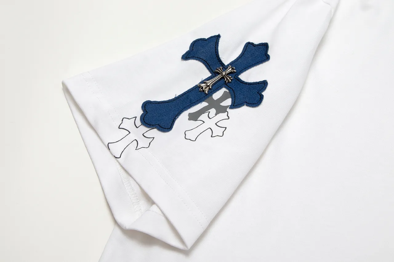P170 Chrome Hearts Chrome Hearts Cross Metallic Denim Splicing Short Sleeves Size: SMLXL Color: White Black